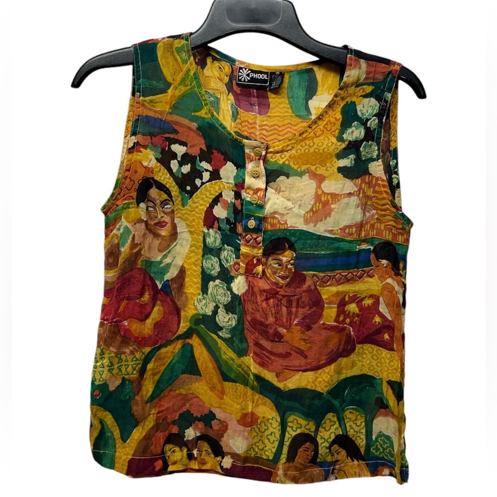 Phool VINTAGE multicolor art to wear bright printed ethnic sleeveless top large